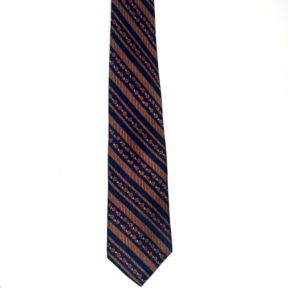 Authentic Yves Saint Laurent Silk Floral and Striped Tie in Navy and Burnt Red